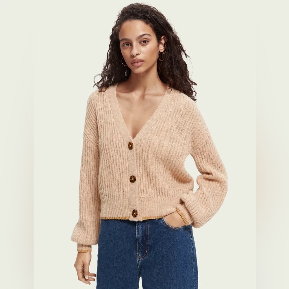 Scotch & Soda Fuzzy knitted cardigan in camel melange size medium wool alpaca